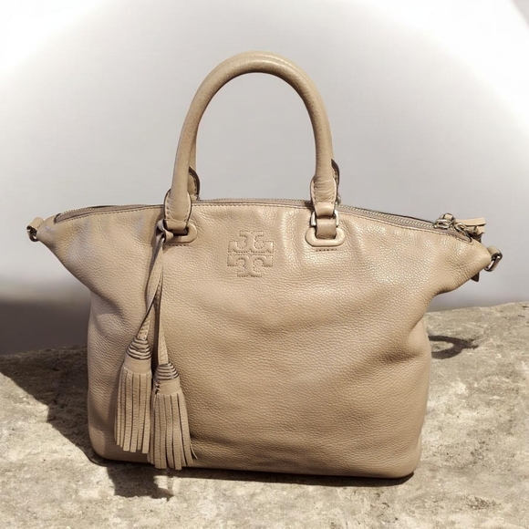 Tory Burch Gray Leather Shoulder Tote Bag With Crossbody Strap 16x11x5